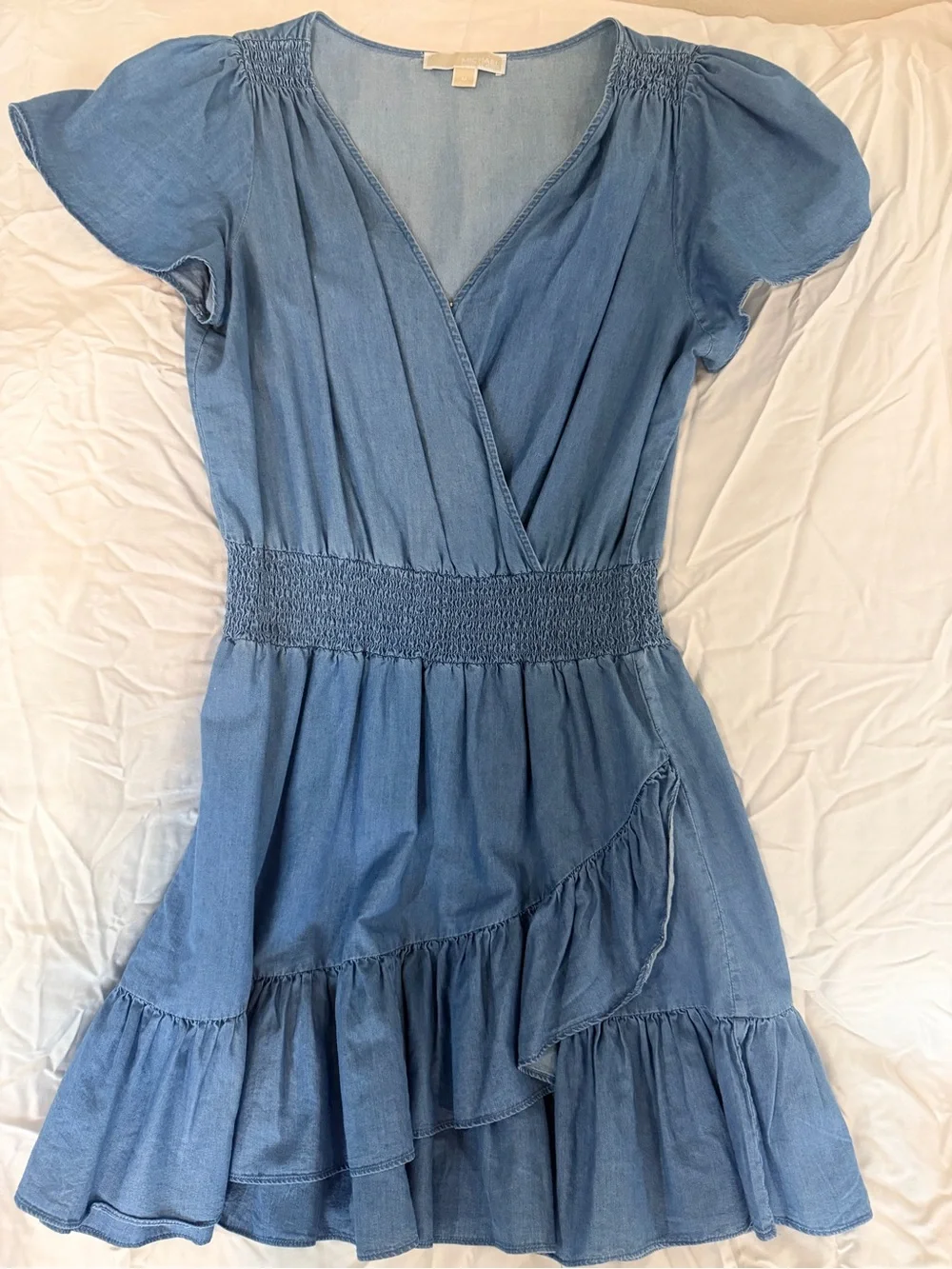 Michael Kors Denim-Blue Ruffle Wrap Mini Dress
